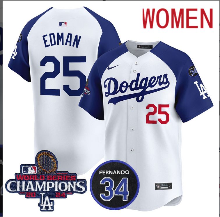 Women MLB Los Angeles Dodgers #25 Edman white 2024 World Series Champions Patch Limited Jersey style 2->women mlb jersey->Women Jersey